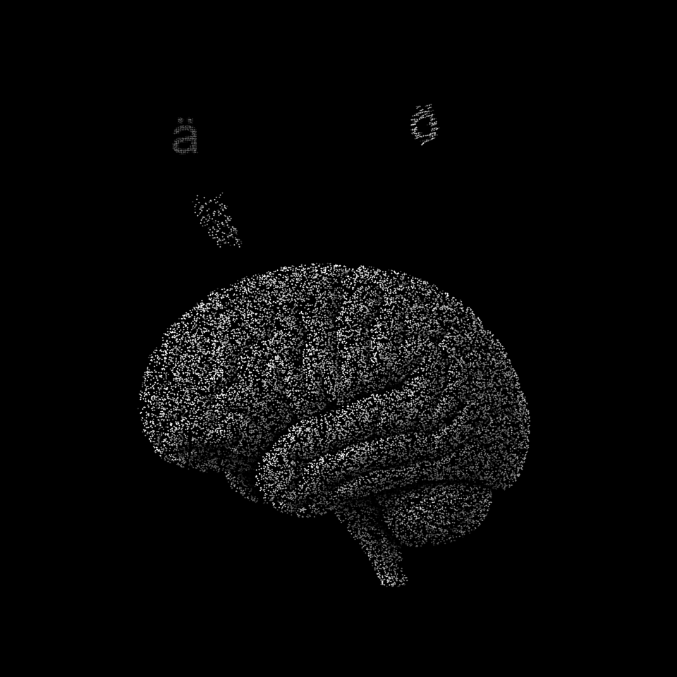 A grayscale dot brain with a small brainstem absorbs German letters