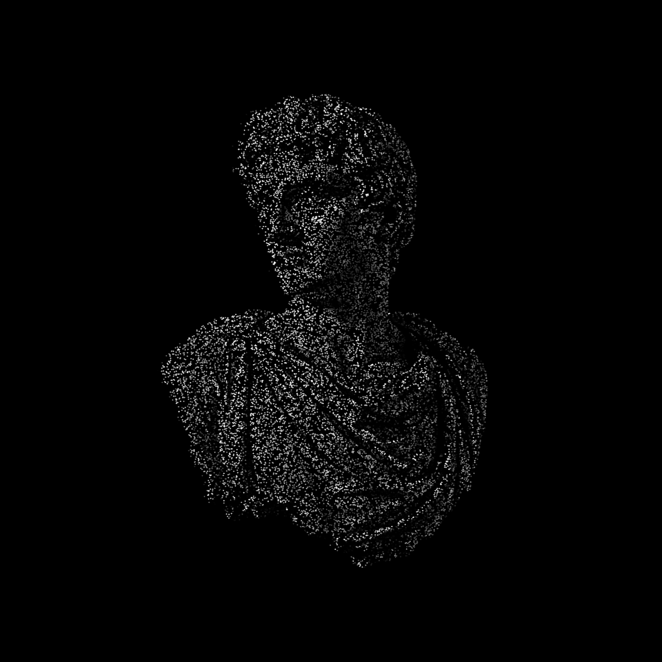 A classical draped bust reconstructed in grayscale surface dots